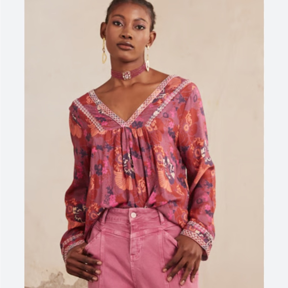 Nekane Boho Floral Long Sleeve Blouse Size Small NWT Tie Back Festival Top